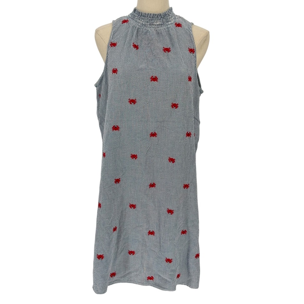 Crown & Ivy Shift Dress Blue White Seersucker Red Crab 100% Cotton Large